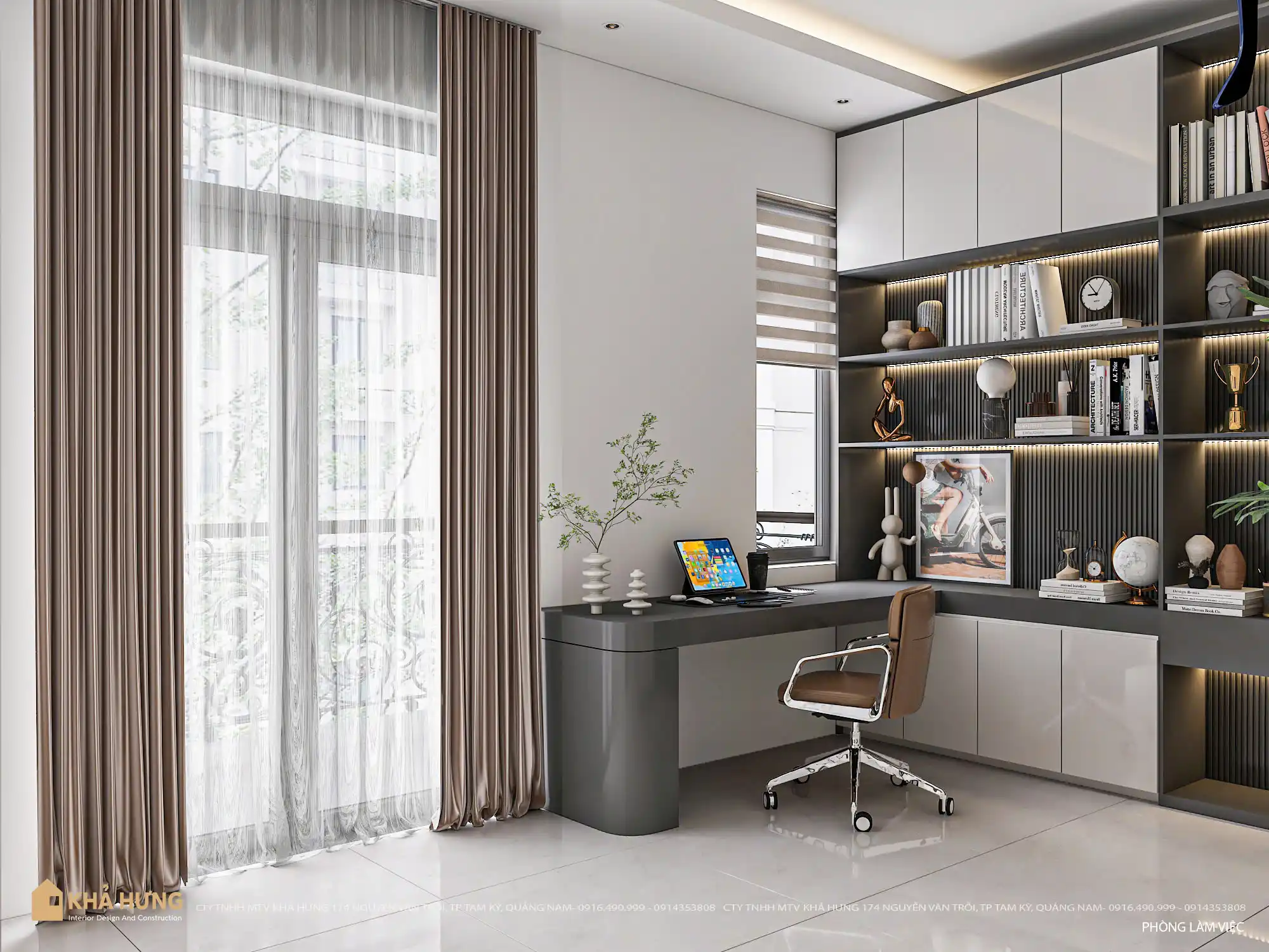 Thiết kế phòng làm việc hiện đại bàn làm việc cạnh cửa sổ – Nội Thất Khả Hưng