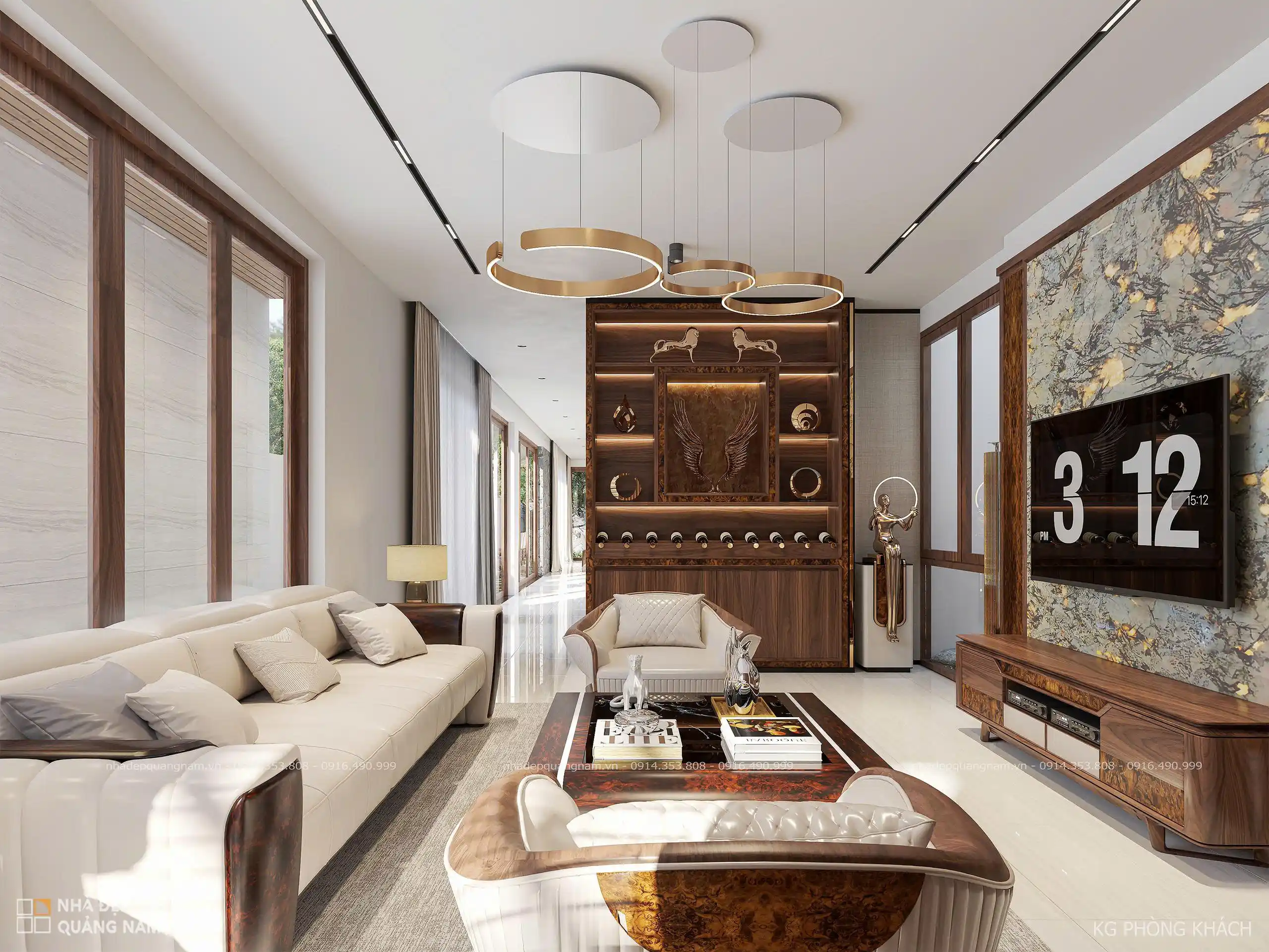 Phòng khách T HOUSE nội thất gỗ óc chó hiện đại