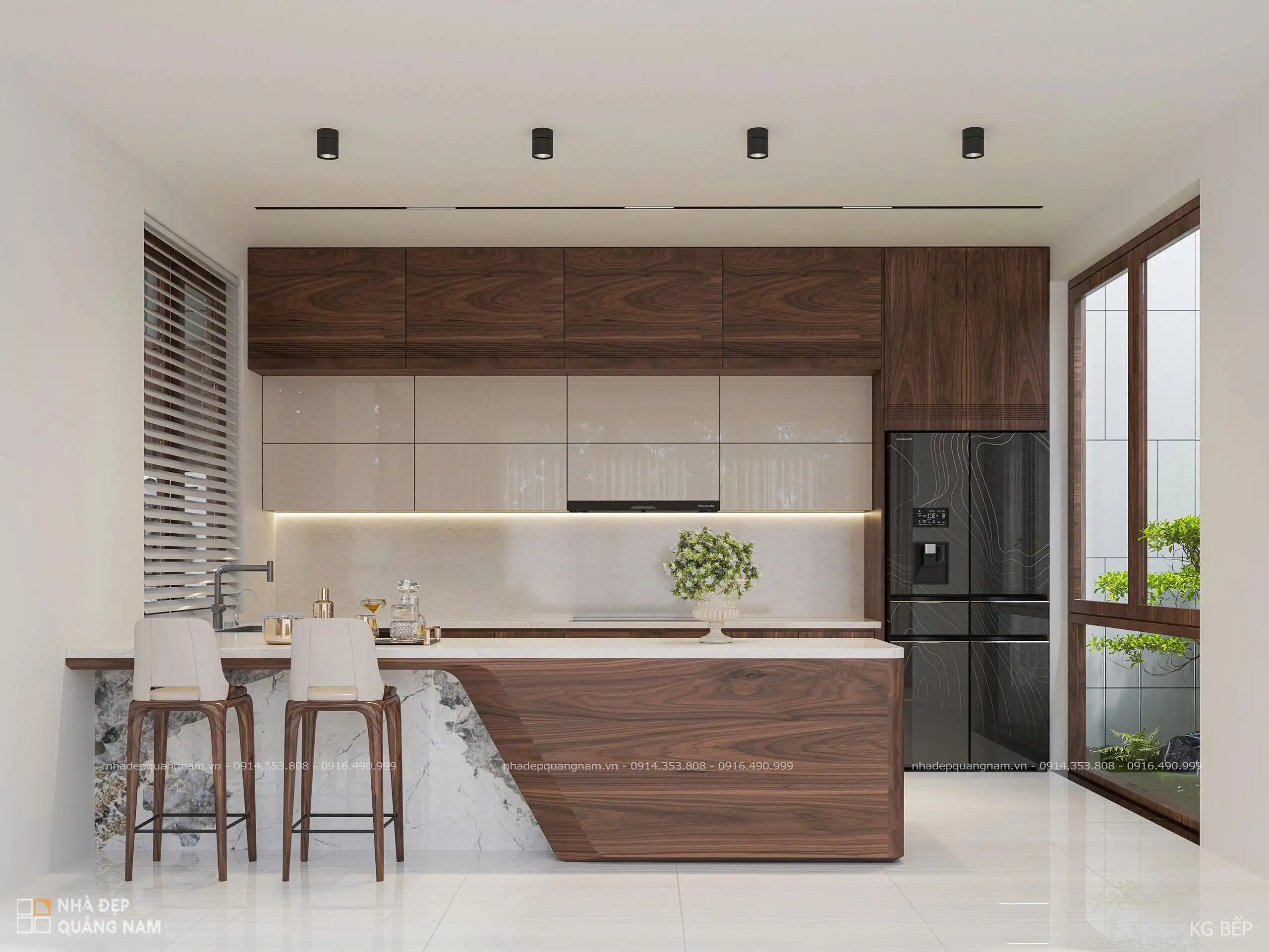 Đảo bếp gỗ óc chó tối giản và tinh tế