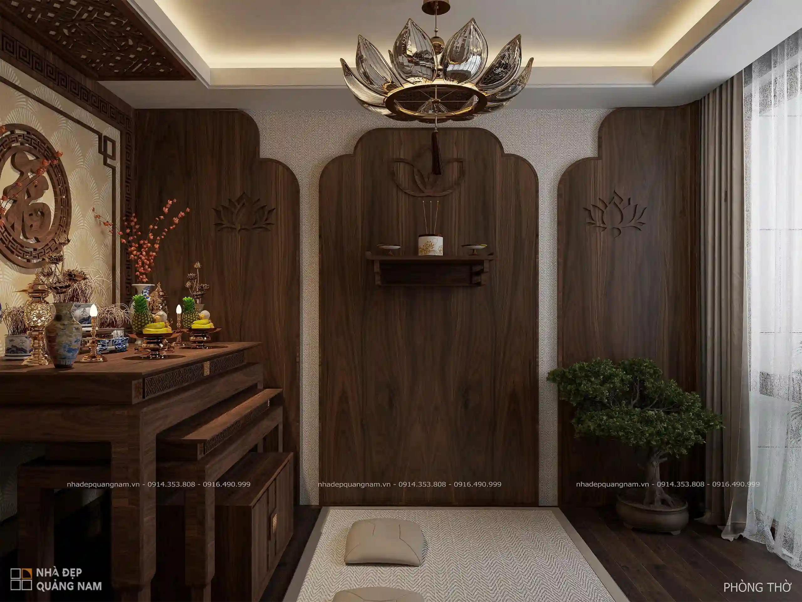 Tủ thờ gỗ óc chó sang trọng trong không gian yên tĩnh
