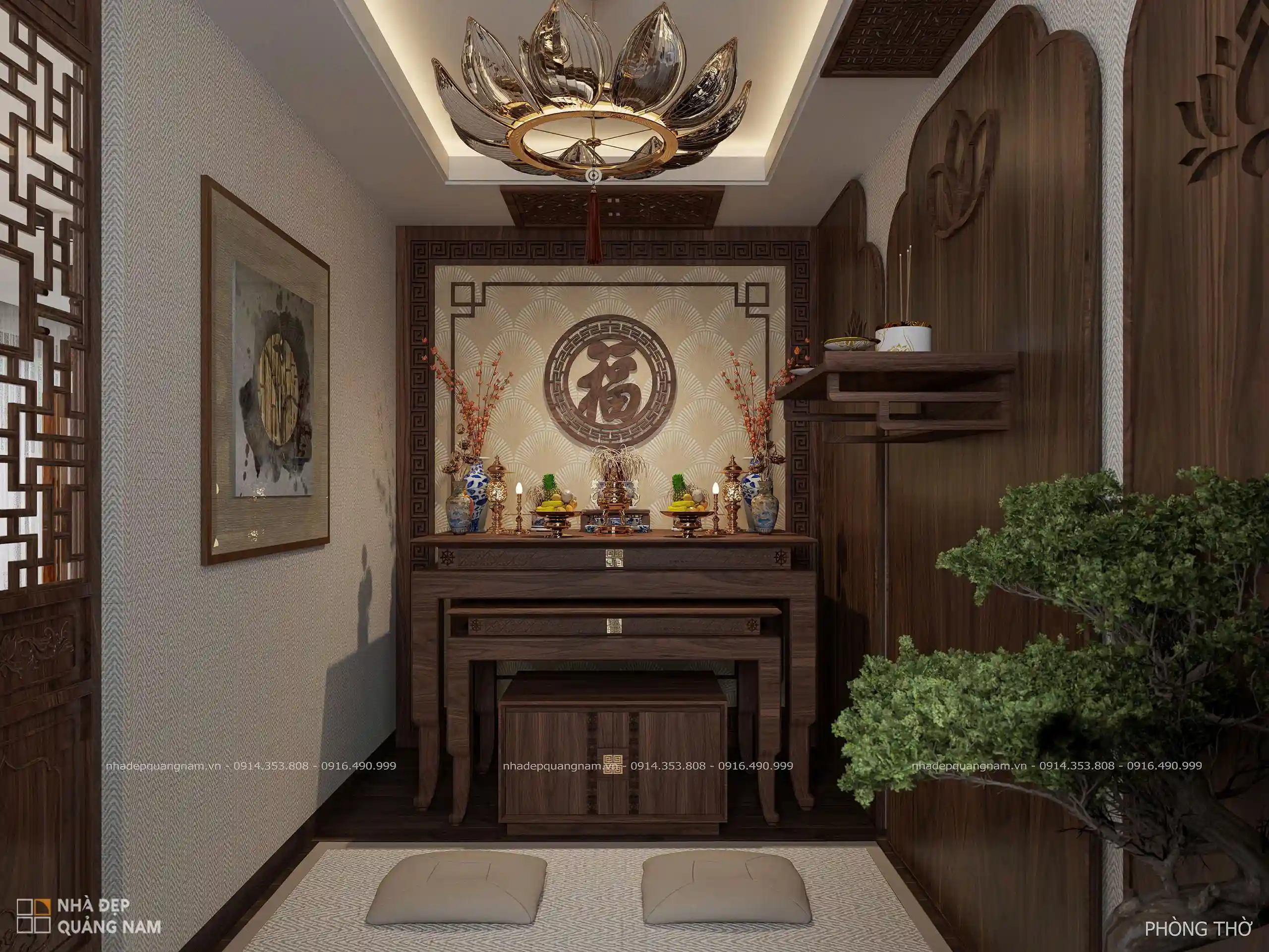 Không gian phòng thờ gỗ óc chó trang nghiêm