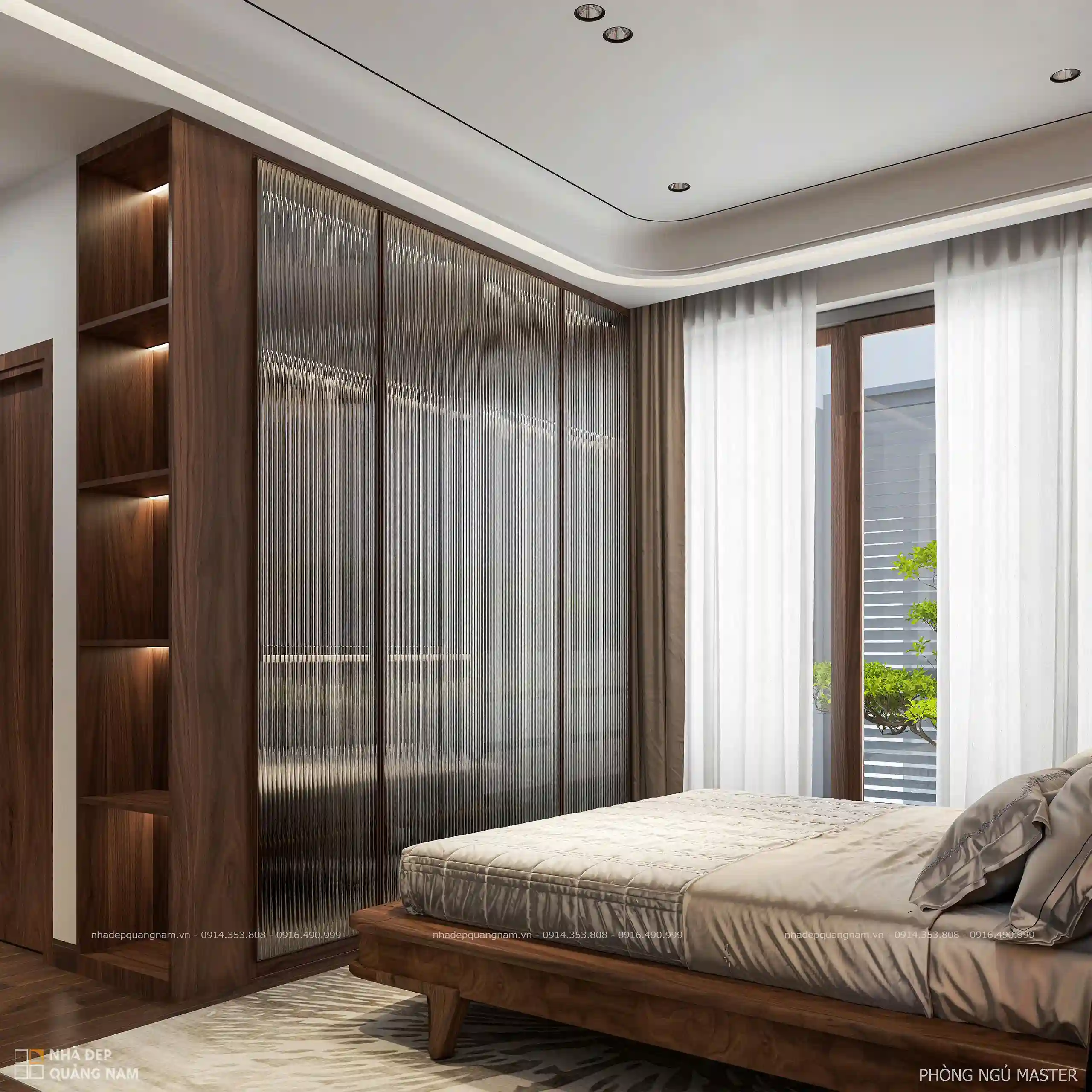 Phòng ngủ gỗ óc chó phối màu trung tính hiện đại