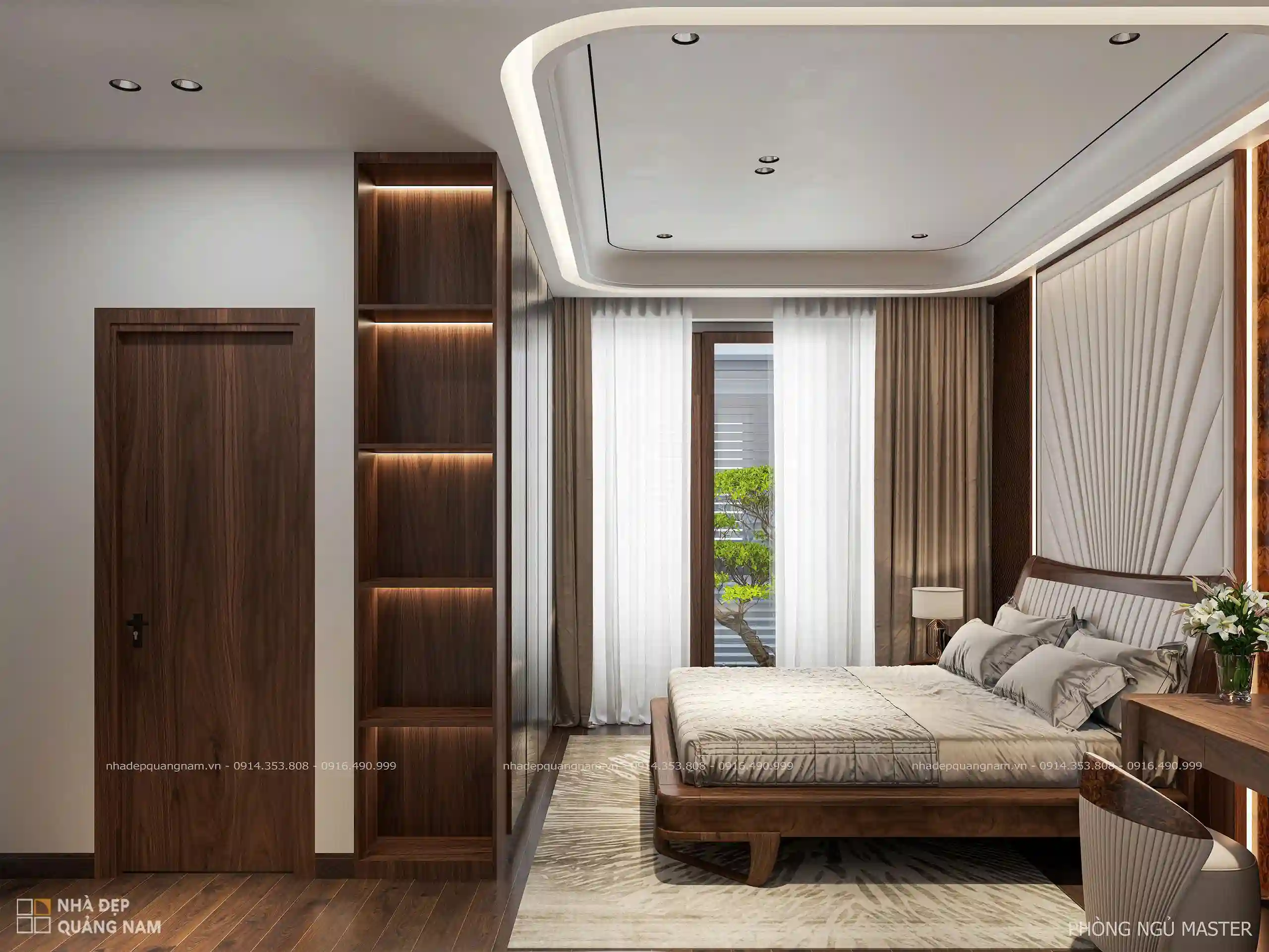 Tủ quần áo âm tường gỗ óc chó tối giản